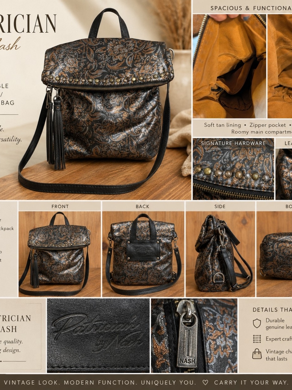 Patricia Nash Black and Bronze Floral Convertible Leather Backpack - Picture 2 of 7